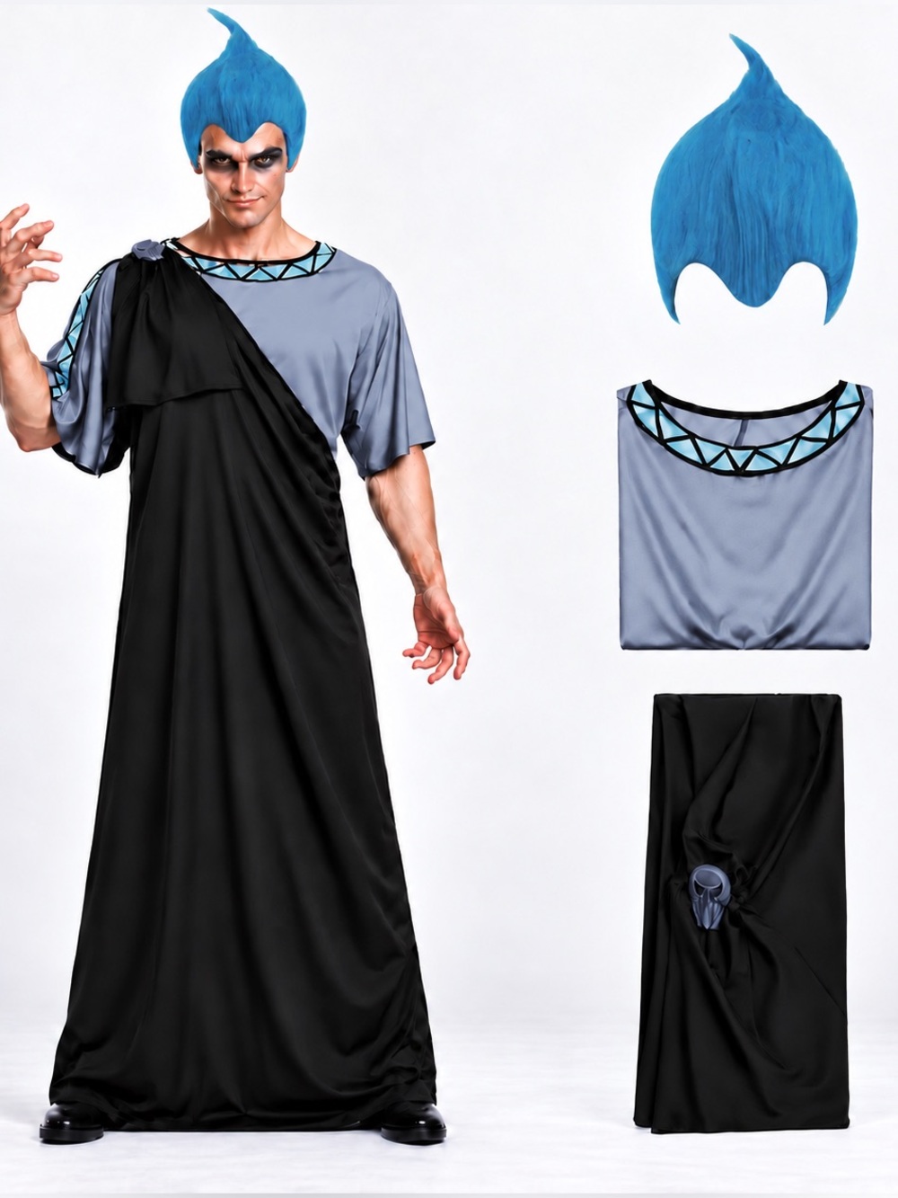 Men’s Greek Underworld God Cosplay Costume with Blue Wig | Size: Large